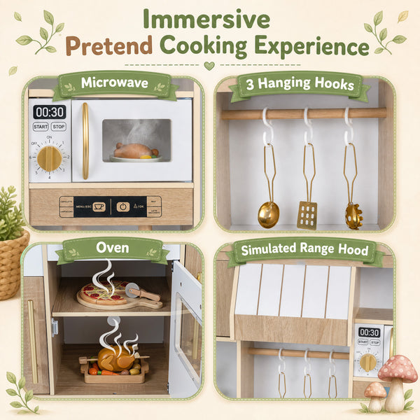 Wooden Play Kitchen with Lights & Sounds and Ice Maker Stove Sink for Toddlers-Natural