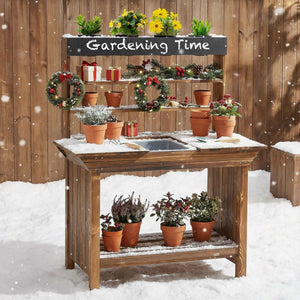 Wooden Potting Bench Table Outdoor Mud Kitchen with Solid Fir Wood Frame