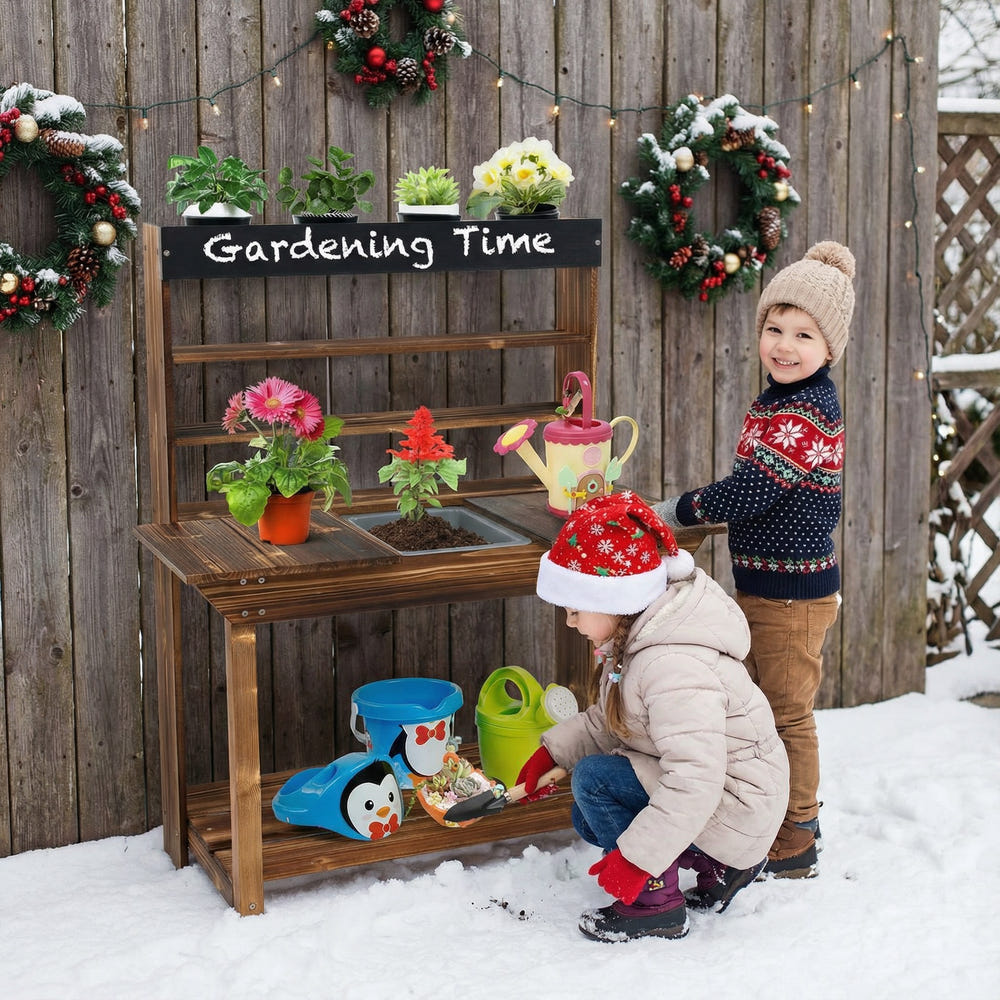 Wooden Potting Bench Table Outdoor Mud Kitchen with Solid Fir Wood Frame