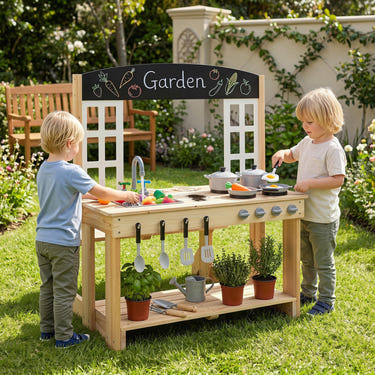 Wooden Pretend Play Kitchen with Bench and Cooking Accessories