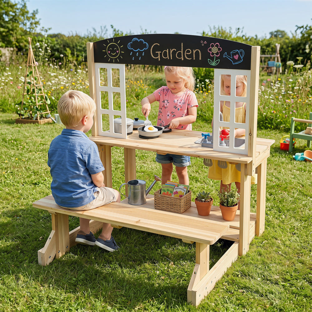 Wooden Pretend Play Kitchen with Bench and Cooking Accessories