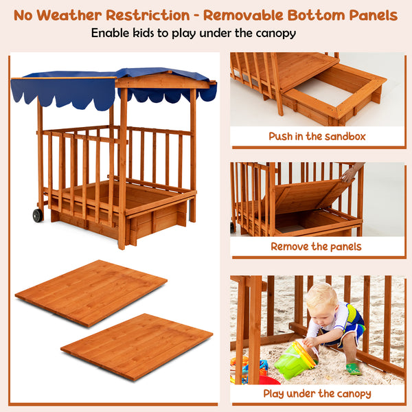 Kids Outdoor Wooden Retractable Sandbox with Cover and Built-in Wheels