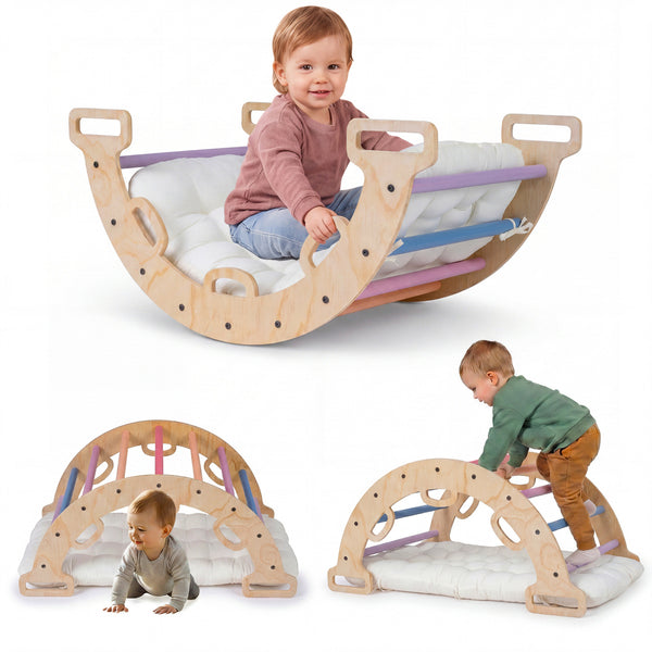Wooden Rocking Climbing Arch with Cushion 3-in-1 Montessori Kids Climber Rocker