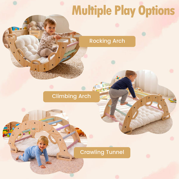 Wooden Rocking Climbing Arch with Cushion 3-in-1 Montessori Kids Climber Rocker