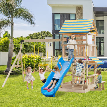 Wooden Swing Set with Large Upper Deck Slide and Steering Wheel for Infants
