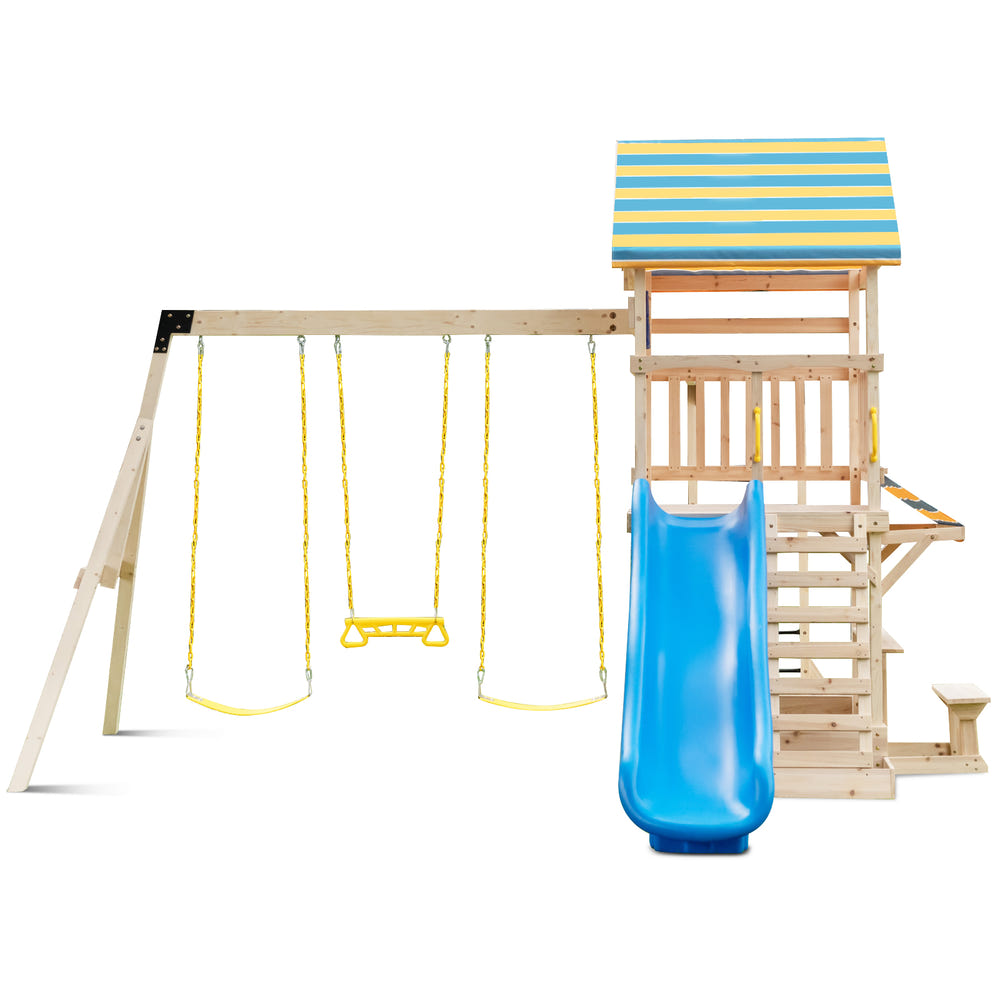 Wooden Swing Set with Large Upper Deck Slide and Steering Wheel for Infants
