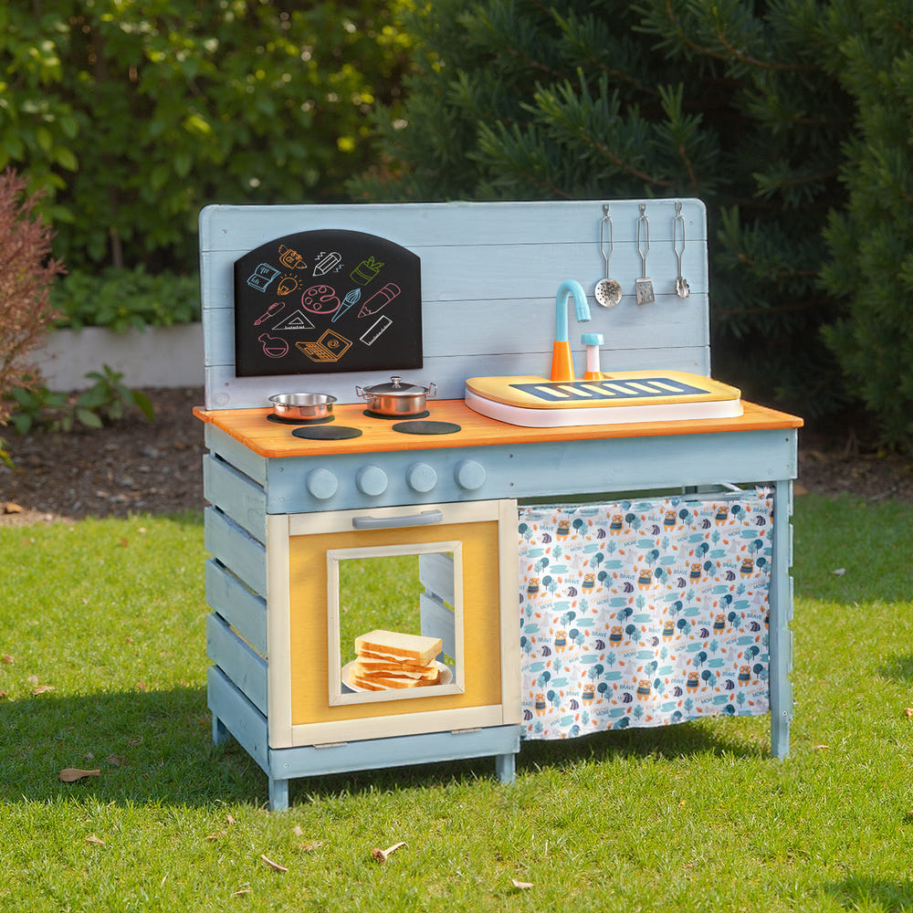 Wooden Toy Kitchen Playset with Removable Circulation Faucet and Cooking Accessories