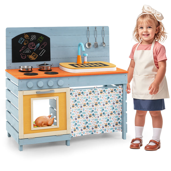 Wooden Toy Kitchen Playset with Removable Circulation Faucet and Cooking Accessories