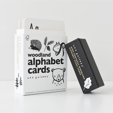 Woodland Alphabet Cards for babies, featuring colorful illustrations for early learning and engagement.
