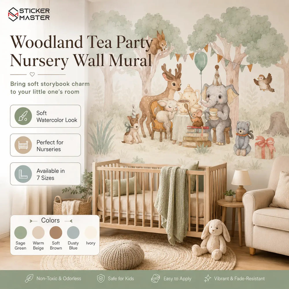 Woodland Tea Party Nursery Wall Mural for Kids Room Wallpaper