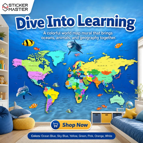 Ocean Explorer World Map Wallpaper Mural for Kids Rooms & Playrooms