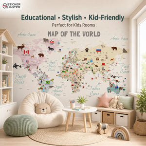 English World Map Kids Wallpaper with Flags & Animals Mural by Sticker Master