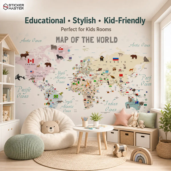 English World Map Kids Wallpaper with Flags & Animals Mural by Sticker Master