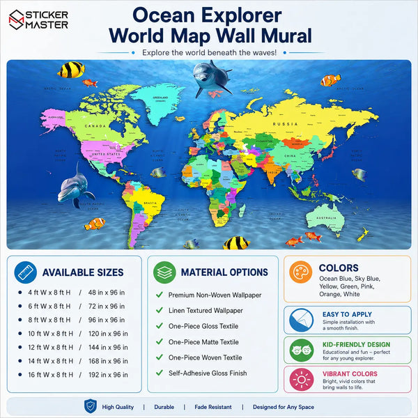 Ocean Explorer World Map Wallpaper Mural for Kids Rooms & Playrooms