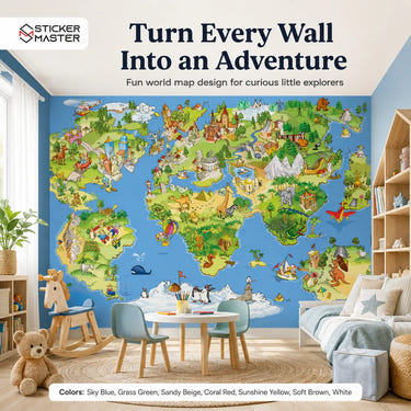 Adventure World Map Kids Wallpaper Mural for Playroom & Bedroom by Sticker Master