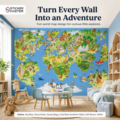Adventure World Map Kids Wallpaper Mural for Playroom & Bedroom