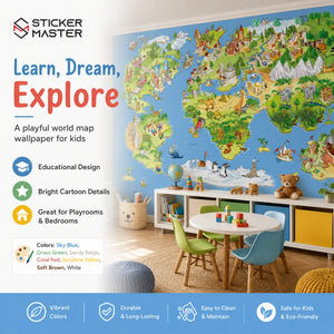 Adventure World Map Kids Wallpaper Mural for Playroom & Bedroom