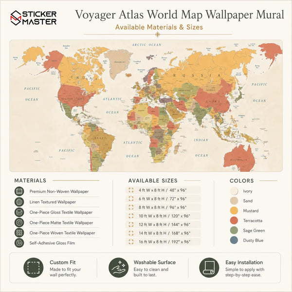 Voyager Atlas World Map Wallpaper Mural | Office Study Wall Decor