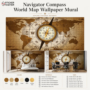 Navigator Compass World Map Wallpaper Mural | Office Study Wall Decor