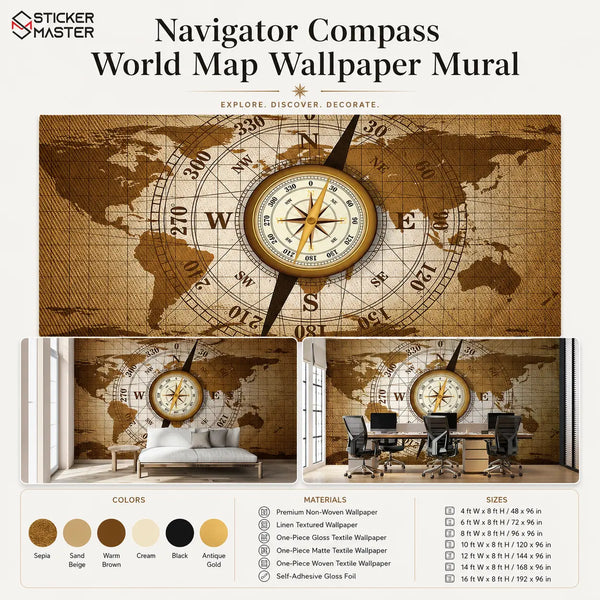 Navigator Compass World Map Wallpaper Mural | Office Study Wall Decor