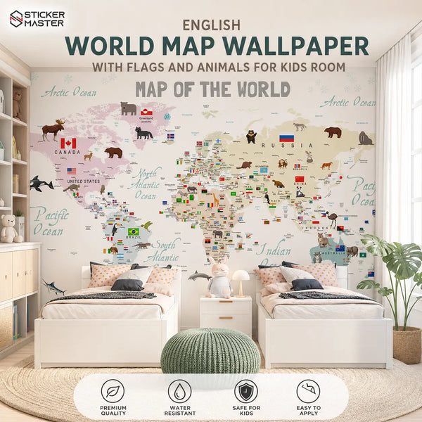 English World Map Kids Wallpaper with Flags & Animals Mural by Sticker Master