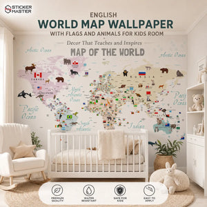 English World Map Kids Wallpaper with Flags & Animals Mural by Sticker Master