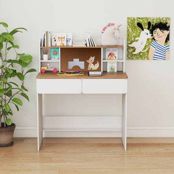 Writing Table with Cork Bulletin Board and Charging Station 5-Level Adjustable Shelves-White