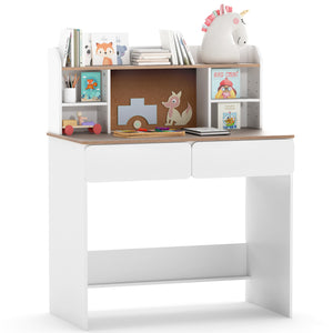 Writing Table with Cork Bulletin Board and Charging Station 5-Level Adjustable Shelves-White