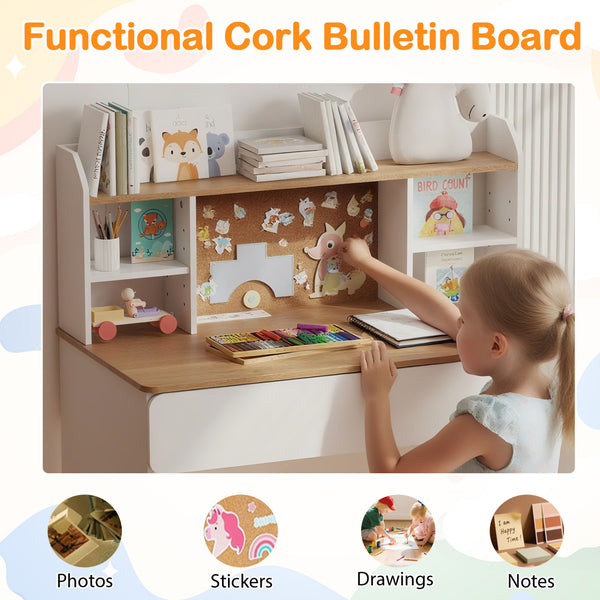 Writing Table with Cork Bulletin Board and Charging Station 5-Level Adjustable Shelves-White