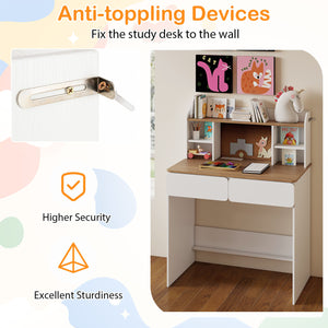 Writing Table with Cork Bulletin Board and Charging Station 5-Level Adjustable Shelves-White