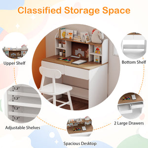 Writing Table with Cork Bulletin Board and Charging Station 5-Level Adjustable Shelves-White