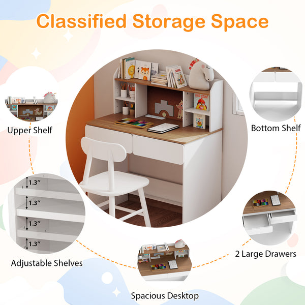 Writing Table with Cork Bulletin Board and Charging Station 5-Level Adjustable Shelves-White