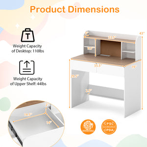 Writing Table with Cork Bulletin Board and Charging Station 5-Level Adjustable Shelves-White