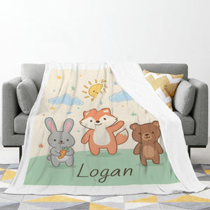 Personalized Woodland Animal Blanket | Custom Name | Bunny Fox Bear Sun Meadow Fleece Throw Gift