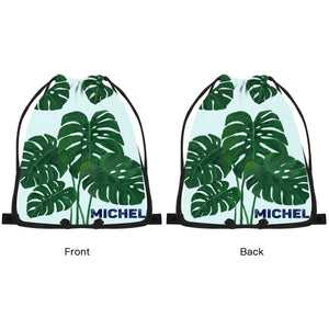Personalized Tropical Leaf Drawstring Bag with Custom Name – Monstera Design Gift for Kids & Adults