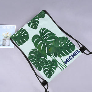 Personalized Tropical Leaf Drawstring Bag with Custom Name – Monstera Design Gift for Kids & Adults
