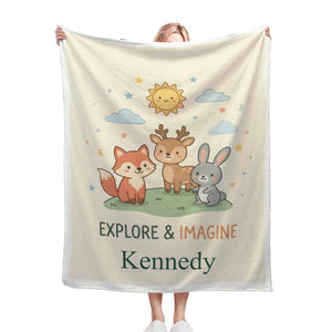 Personalized Woodland Friends Blanket | Custom Name | Fox Deer Bunny Explore Imagine Gift