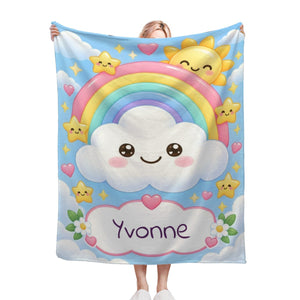 Personalized Rainbow Cloud Blanket | Custom Name | Colorful Kawaii Sky Flannel Throw Gift