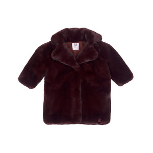 Maroon kids faux fur coat, stylish and cozy, perfect for little ones in cold weather.