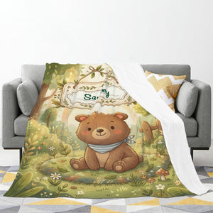 Personalized Woodland Bear Blanket | Custom Name | Storybook Forest Bandana Cozy Fleece Throw Gift