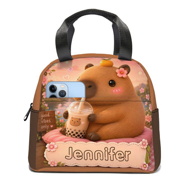 Personalized Capybara Lunch Bag – Custom Name Insulated Tote | Kawaii Boba Tea Gift for Teens