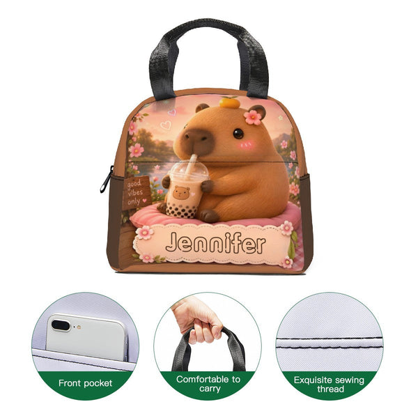 Personalized Capybara Lunch Bag – Custom Name Insulated Tote | Kawaii Boba Tea Gift for Teens