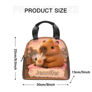 Personalized Capybara Lunch Bag – Custom Name Insulated Tote | Kawaii Boba Tea Gift for Teens