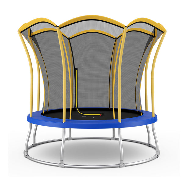 10-foot flower-shaped trampoline with galvanized steel frame, perfect for outdoor play and fun for kids.