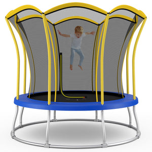 10-foot flower-shaped trampoline with galvanized steel frame, perfect for outdoor play and fun.