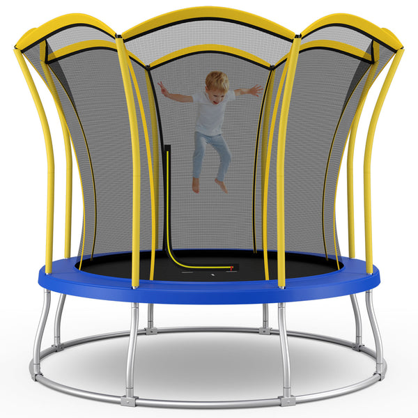 10-foot flower-shaped trampoline with galvanized steel frame, perfect for outdoor play and fun.