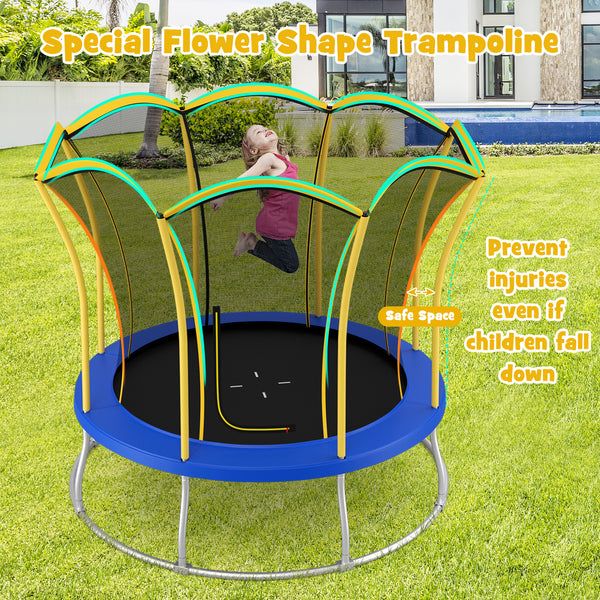 10 Feet Flower Shape Trampoline with Galvanized Steel Frame for kids' outdoor fun and play. Angle view.