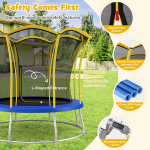 10-foot flower-shaped trampoline with galvanized steel frame, perfect for outdoor fun and playtime for kids.
