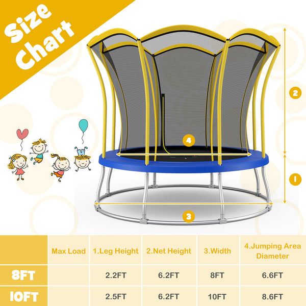 10-foot flower-shaped trampoline with galvanized steel frame, perfect for outdoor fun and play.