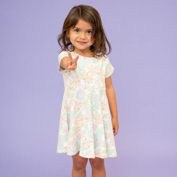 Swirly Girl Short Sleeve Dress - Groovy Flowers